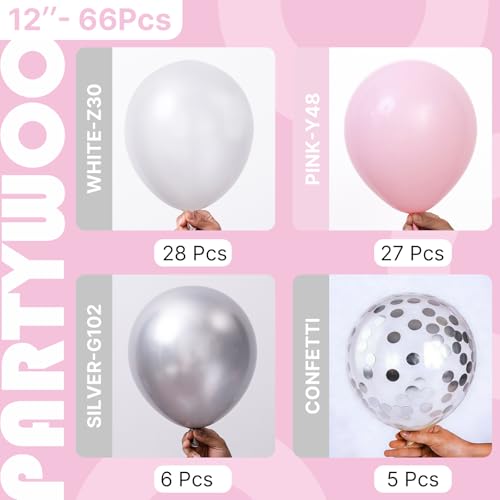 Image of PartyWoo Pink White and Silver Balloons 66pcs 12 Inch Baby Pink Pearl White Silver Confetti Balloons for Graduation Baby Shower Birthday Gender Reveal Anniversary Bachelorette Party Decorations