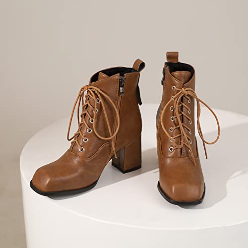 Women Block Heels Short Bootie Square Toe Lace Up3