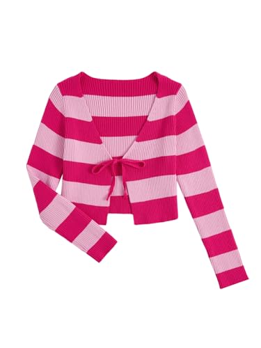 Image of Floerns Women's Tie Front Long Sleeve Rib Knit Shrug Sweaters Cardigan Crop Top Pink and Purple Large