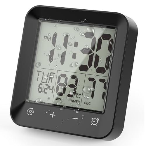 ALLOMN Digitale Duschuhr, wasserdichte Badezimmeruhr Timer mit Countdown Alarm Temperaturanzeige, Touch Badezimmeruhr Dusch Uhr mit Saugnapf Aufhängeöse Ständer für Kinder und Erwachsene (Schwarz)