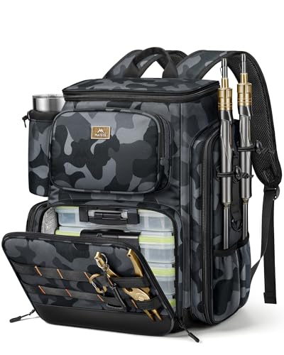 MATEIN Pro Fishing Backpack with 4 Tackle Boxes & Rod Holders, Water Resistant Tackle Backpack 3600 with Knife and Gripper Side Storage & Cooler Compartment, Fishing Gifts for Men, Camo