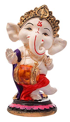 Image of MOSTOS - Handcrafted Lord Ganesha Idol Decorative Showpiece for Home, Office, Car Dashboard & Temple | Resin Ganpati Murti | Hindu God Ganesh Statue (Ashirwad Mudra + Raised Palm + Dholak)