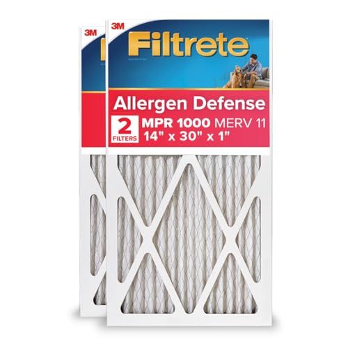 Filtrete 14x30x1 AC Furnace Air Filter, MERV 11, MPR 1000, Micro Allergen Defense, 3-Month Pleated 1-Inch Electrostatic Air Cleaning Filter, 2 Pack (Actual Size 13.81 x 29.81 x 0.81 in)
