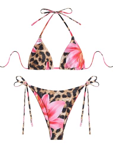 Image of ZAFUL Womens Printed Triangle Bikinis 2 Piece Halter Bikini Sets High Cut Bathing Suit Side Tie Swimsuits