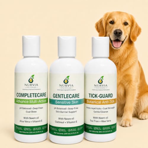 Image of Dog Shampoo Combo 3 Pack by Nurvia Petcare | Anti-Tick Flea + 5-in-1 Anti-Itch Dandruff + Puppy Shampoo | Neem Tea Tree Oatmeal Calendula | pH Balanced Sulphate-Free | 3 x 200ml India