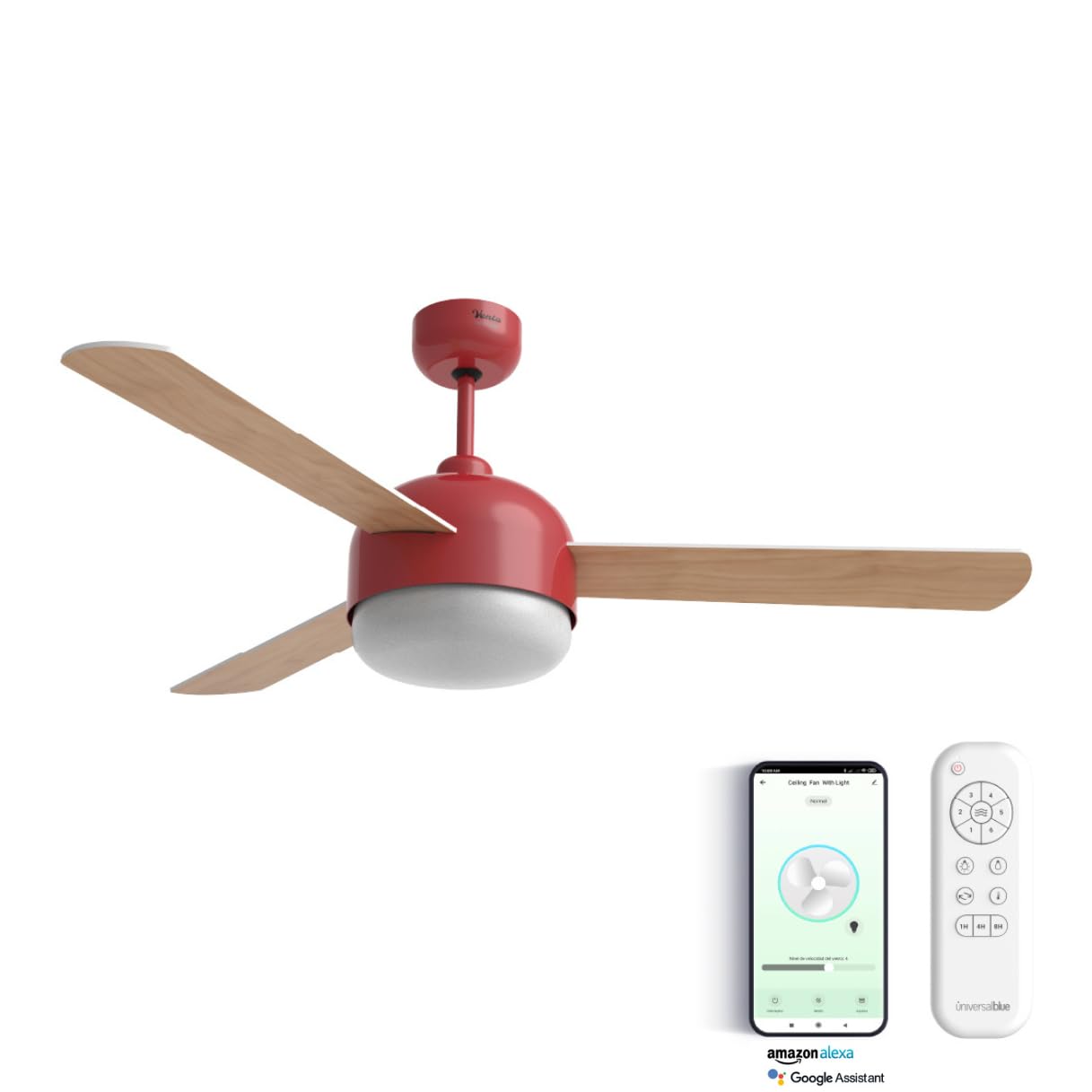 UNIVERSALBLUE Ventilador de techo con luz LED y WiFi | Rojo | Silencioso con Motor DC | Control por App, Alexa, Google Assistant y mando a distancia | 6 Velocidades | Aspas Reversibles