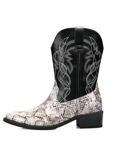 Image of Men's cowboy boots round toe boots embroidered with traditional Western country artificial snakeskin pattern