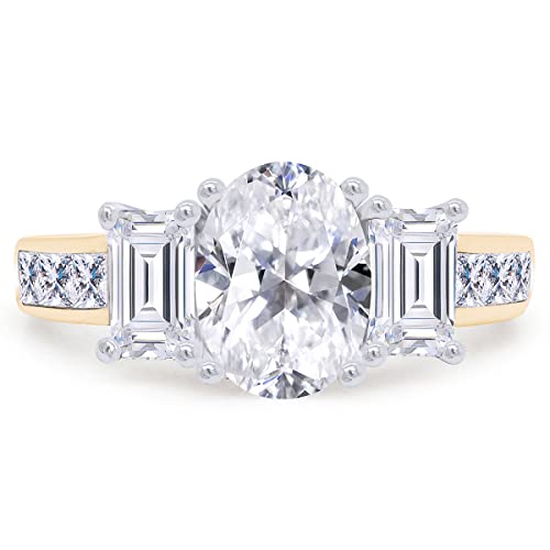 SAVEARTH DIAMONDS Three Stone Ring, Center 8X6MM Oval Cut With Baguette And Princess Cut Sparkling Cubic Zirconia Engagement Ring In 14k Gold Over Sterling Silver Jewelry For Women2