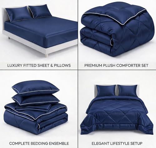 Image of SANMARINO Satin Silk Comforter Set for Double Bed - 300 TC Premium Satin Bedsheet with Pillow Covers, Luxury Complete Bedding Set, Soft Silky Finish, Bedroom Home Furnishing Gift Set - Sapphire Night