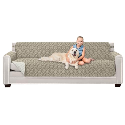Sofa Shield® Couch Slip Cover with Strap, Damask Latte Ivory