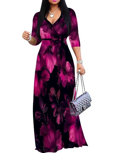 Image of SUZONANA Plus Size Dresses for Women Floral Print Maxi Dress Flowy 3 /4 Sleeve with Belt