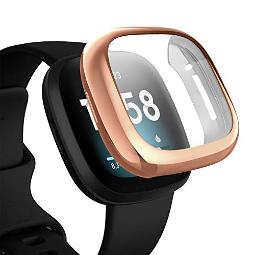 [1-Pack] Aladrs Screen Protector Case For Fitbit Sense/Versa 3 Watch, Full Protective Hd Ultra-Thin Cover Compatible For Fitbit Versa 3 / Sense Smartwatch Bumper Case, Rose Gold #TOP2