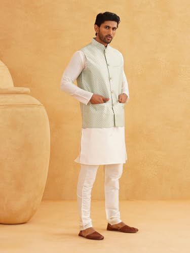 Image of SOJANYA (Since 1958 Men's Silk Blend Kurta Pyjama & Self Design Nehru Jacket Combo