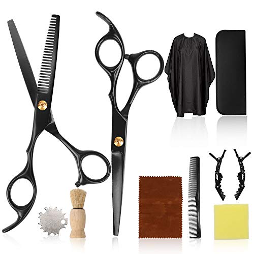 Professional Hair Cutting Scissors Kit , CUBACO 10 Pcs Barber Hair Cutting Scissors Thinning Shears Stainless Steel Hair Cutting Shears Kit with Clips Comb Barber Cape for Home, Salon, Barber
