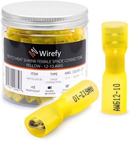 90 PCS Wirefy Female Spade Connectors - Heat Shrink Spade Connector Kit - Quick Disconnect Wire Connectors - Electrical Spade Terminals - Yellow 12-10 Gauge