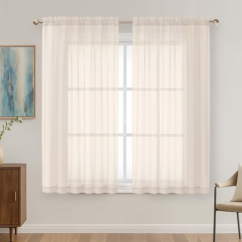 Image of OVZME Cream Sheer Curtains 63 Inches Long 2 Panels Set, Light Filtering Sheer Curtains for Living Room Bedroom 59 Inch Extra Wide, Modern Voile Filmy Rod Pocket Window Drapes, 59Wx63L Inches