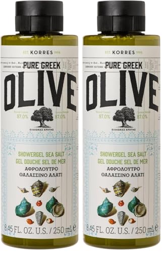 KORRES Olive Sea Salt feuchtigkeitsspendendes Duschgel für geschmeidige Haut, mit extra nativem Olivenöl, vegan, 250 ml (Packung mit 2)