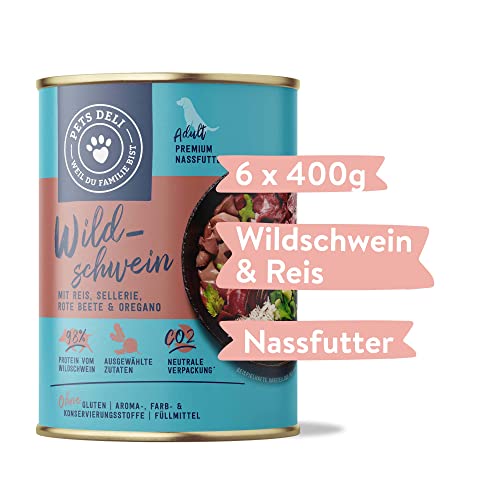Pets Deli Nassfutter für Hunde mit Wildschwein, Reis, Sellerie, Rote Bete und Oregano ohne Zucker und Gluten 6 x 400g
