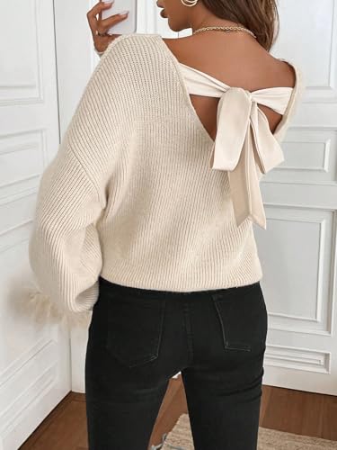 Women's Off The Shoulder Pullover Bow Tie Crew Neck Long Sleeve Sweater Cute Trendy Cozy Sweaters3