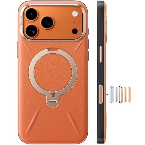 Image of TORRAS Q3 VegSkin for iPhone 17 Pro Max Case Leather, 360 Spin Magnetic Stand, Fit for MagSafe, Camera Control, Shockproof Premium Organic Silicone Leather Case for iPhone 17 Pro Max, Burnt Orange