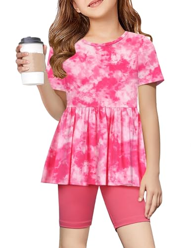 Image of Arshiner Girls Summer Outfits Short Sleeve Ruffle Hem Top and Biker Shorts Set Girl Clothes 4-15 Years