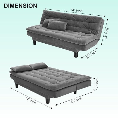Image of Modern 3 Seater Sofa Cum Bed with Cushions, Foldable Convertible Couch, Velvet Fabric Sleeper Sofa for Living Room, Guest Room, Grey