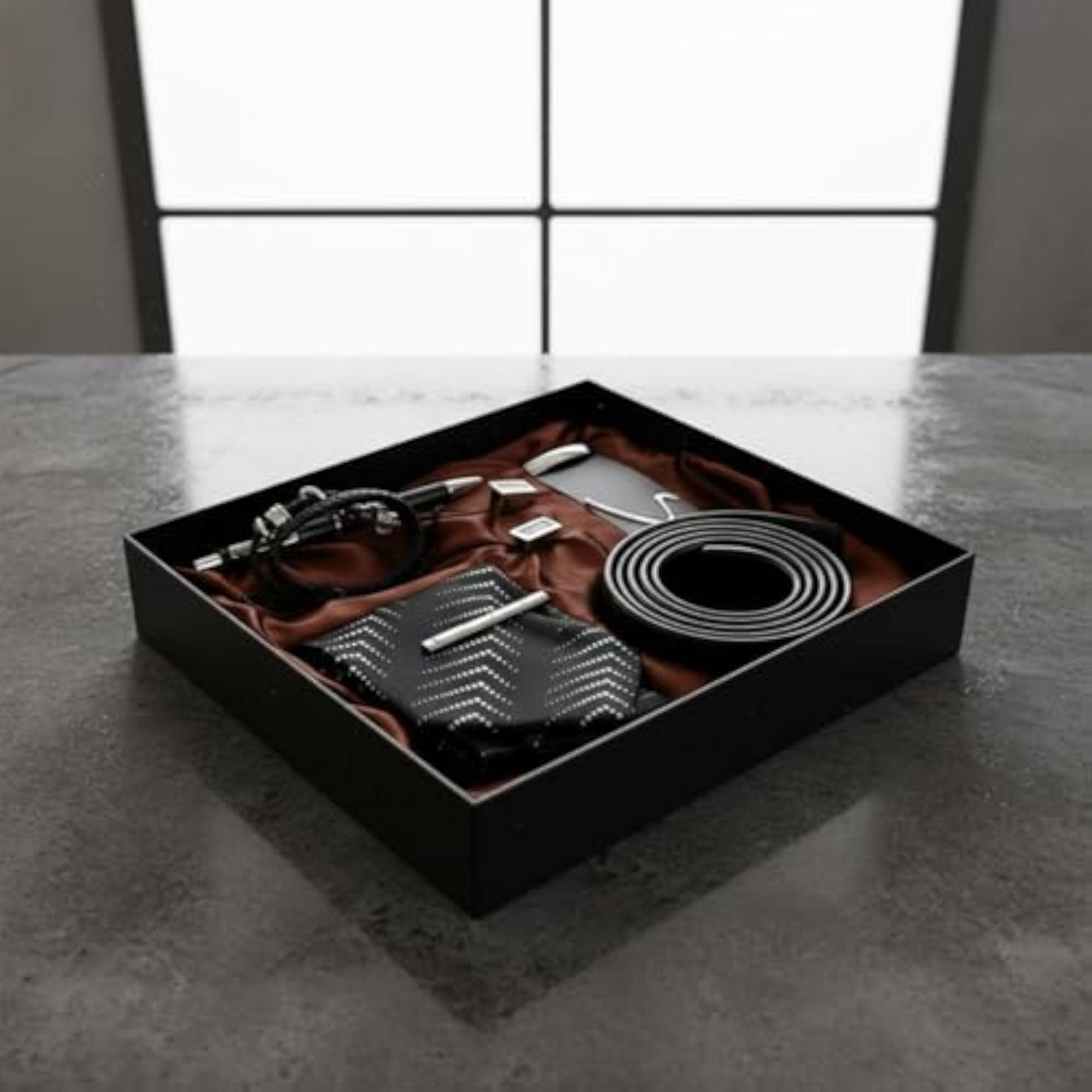Cufflinks Belt Tie Set Solid Color Men's Belt and Tie Gift Box