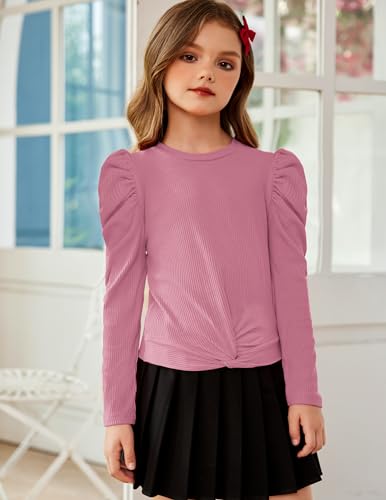 Image of Arshiner Girls Puff Long Sleeve Shirts Twist Front Ribbed Knit T Shirt Crop Tops Tee Blouse
