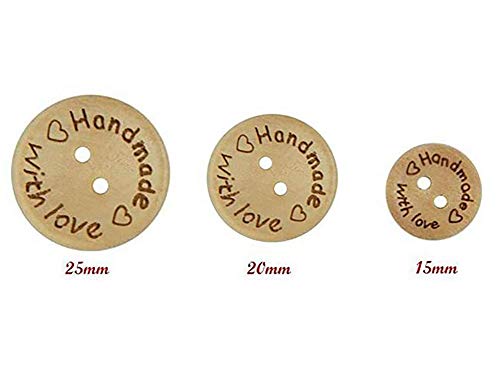 Fodattm 100pcs Wooden Handmade with Love Round Crafts 100 PCS Round 2 Hole Handmade with Love Wooden Button Wood Decorative Button for DIY Craft Sewing Embellishment Accessory (Diameter - 0.79" /20mm)