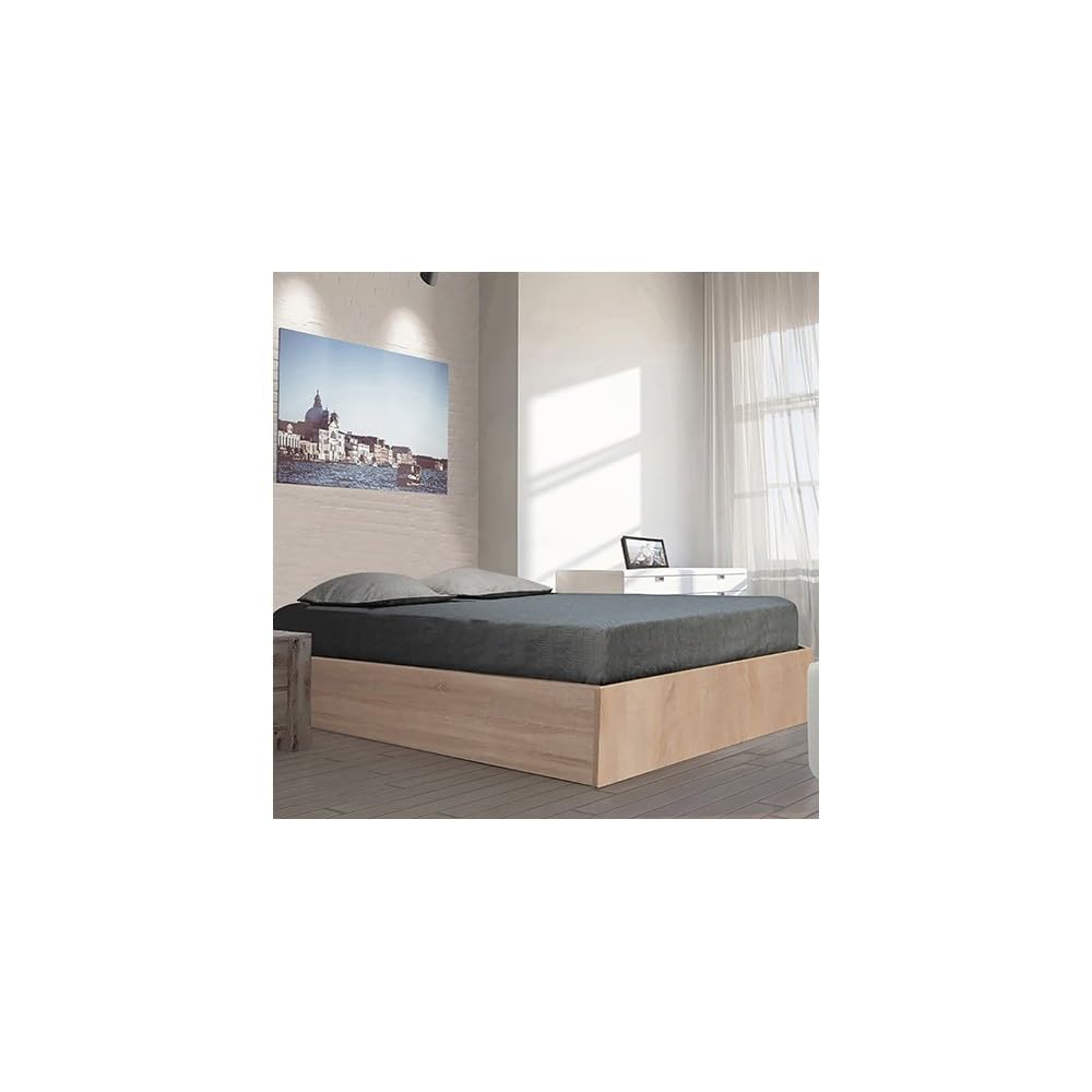 WEBER INDUSTRIES Lit Coffre Bilbao 140x190 cm avec Sommier/Décor Chêne Blanchi/Panneau de Particules/Grand Coffre de Rangement