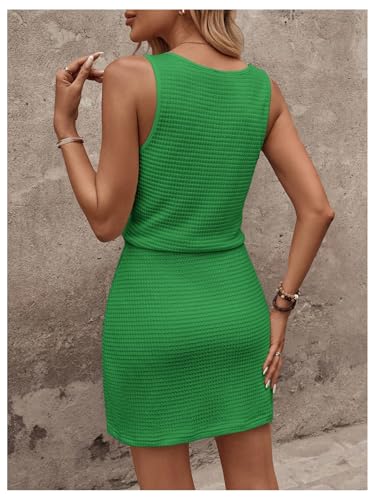 Image of RoseSeek Women's Waffle Knit Belted Tank A Line High Waisted Dresses Square Neck Sleeveless Summer Short Dress
