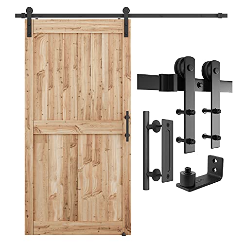 SMARTSTANDARD 7 FT Heavy Duty Sturdy Sliding Barn Door Hardware Kit, Black, (Whole Set Includes 1x Pull Handle Set & 1x Floor Guide) Fit 40''-42" Wide Door Panel (I Shape Hanger) 7 Feet