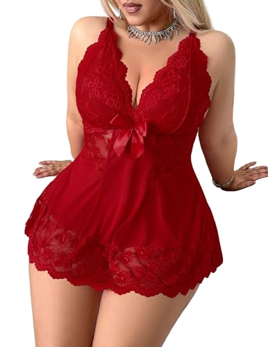 Image of Alrovetoney Women Plus Size Babydoll Lingerie Lace Chemise Mesh Sleepwear Strappy Sexy Nightgown Boudoir Outfit L-4XL