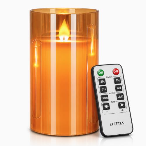 Image of LTETTES Real Wax Led Candle with Glass Cup | Flameless Flickering Wick | Amber Glass Finish | Battery Operated with Remote Controller | Decorative Candle for Home, Festival & Gifting | D-3 inch x H-5 inch