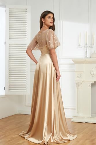 Embroidery Sequin Prom Dress Satin Bridesmaid Dresses with Sleeve A-Line Evening Formal Dress with Pockets AF0093