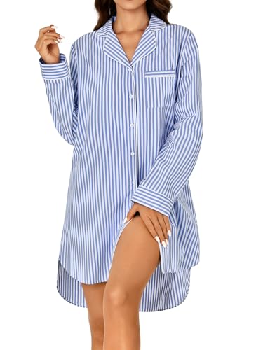 Rooscier Women's Cotton Striped Nightgown Collar V Neck Long Sleeve Sleep Shirts Nightdress Button Down Nightwear