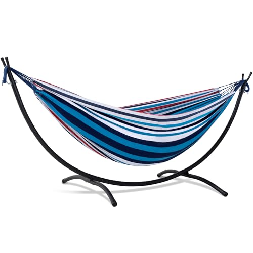 Image of SUNCREAT Hammocks for Outside with Stand, Porch Hammock and Stand, 475 lbs Capacity, Blue & Red Stripes