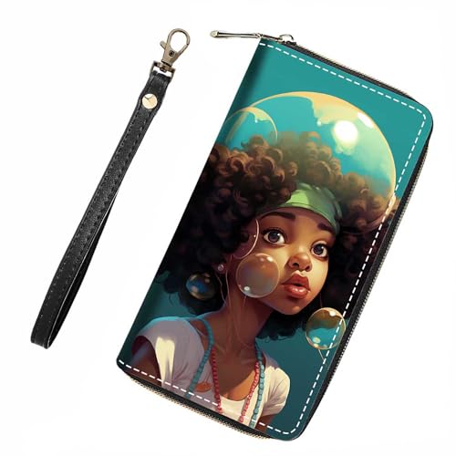 ZXHSBROK African American Girl Wallet for Women with Credit Card Holder Coin Money Clip PU Leather Zip Around Clutch Wallet