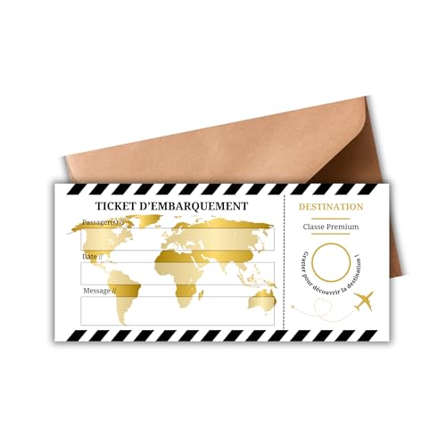 EVTI Carte à gratter voyage surprise doré, Billet avion annonce Personnalisable,Boarding pass,Carte embarquement personnalisable à offrir,idée Cadeau...