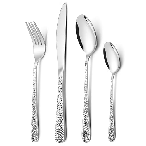 Onader 24 Piece Cutlery Set, Stainless Steel Hammered Cutlery Flatware Set for 6 People, Knives Forks Spoons for Home Travel Kitchen Party, Mirror Finished & Dishwasher Safe