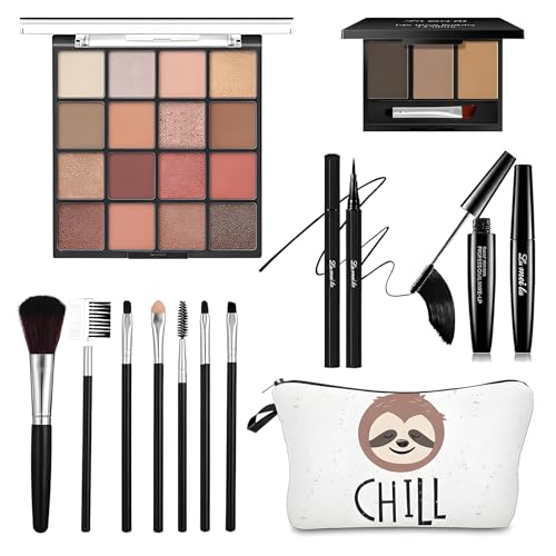 All in One Makeup Kit for Women & Teens, Beginner Eye Makeup Set with 16 Color Eyeshadow Palette, Mascara, Eyeliner, Brow Powder, 7 Brushes & Cute Sloth Cosmetic Bag, Makeup Gift Set – 16-Sloth