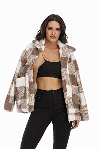 Women Plaid Faux Fleece Coat Long Sleeve Lapel Artificial Shearling Shaggy Jacket Fluffy Fuzzy Overcoat (Camel,M)