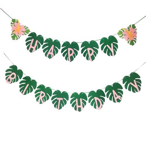 OU RUI Hawaiian Party Happy Birthday Banner for Tropical Luau Party Palm Leaf Decorations