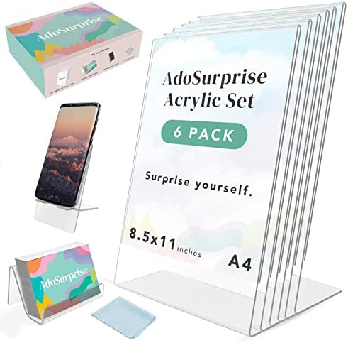 AdoSurprise Acrylic Sign Holder 8.5 x 11 Inches Acrylic Stands for Display Vertical Slanted Back - 6 Acrylic Paper Holder for Home, Office, Shop, or Business - Includes Business Card Holder, Phone Stand, & Cleaning Cloth