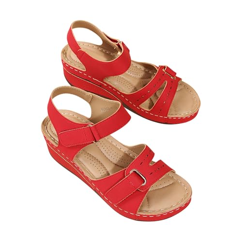 Image of KUIH Women's Red Graduation Wedge Sandals, Ankle-Strap, Arch Support, Open Toe, Size 6.5 UK