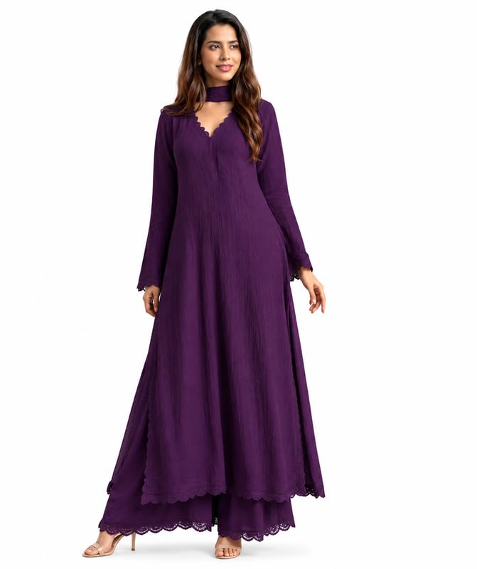 Image of Women Embroidered Straight Kurti with Palazzo And Dupatta Set | Elegant Ethnic Wear Kurta Set | V-Neck Long Sleeve Kurti | Stylish Casual, Festive & Wear for Women