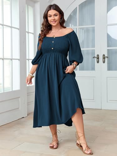 Women's Plus Size Casual Dresses Square Neck Button Up Smocked 3/4 Puff Sleeve Empire Wasit A-line Flowy Midi Dress3
