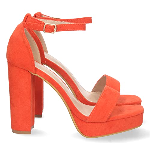 shoes&blues.es 71632-Sandalia de Tacon para Mujer, Comoda, con Pala Simple, Estilo Ankle Strap, y Cierre de Hebilla, Primavera Verano 2023. Talla 40 Naranja