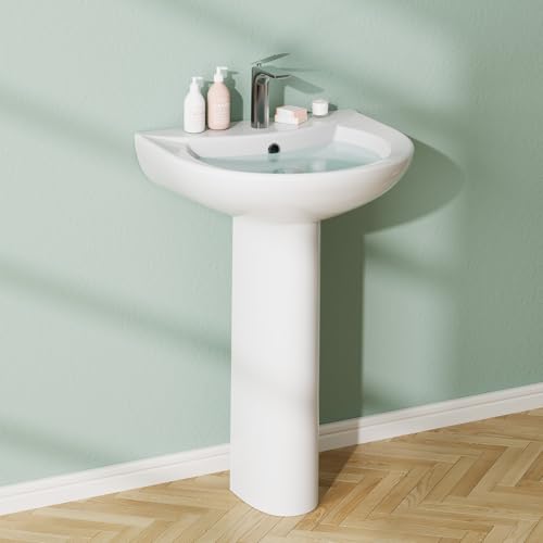 26" x 20" Pedestal Sink - White Ceramic Freestanding Vanity with Overflow Hole,Vintage White Bathroom Sink with 3 Pre-Drilled Holes for 8 Inch Faucets