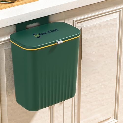 Image of House of Quirk Plastic Hanging Trash Can With Lid, Double-Sided Open Design, Cabinet Door Hanging Wall Storage Bucket for Kitchen (9 Litre Green)